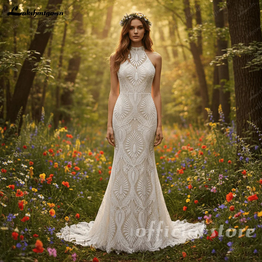 Lakshmigown Bohemian Wedding Dress for bride 2026 Halter Lace Boho Backless Beach Wedding Gown Vestido de novia Customized