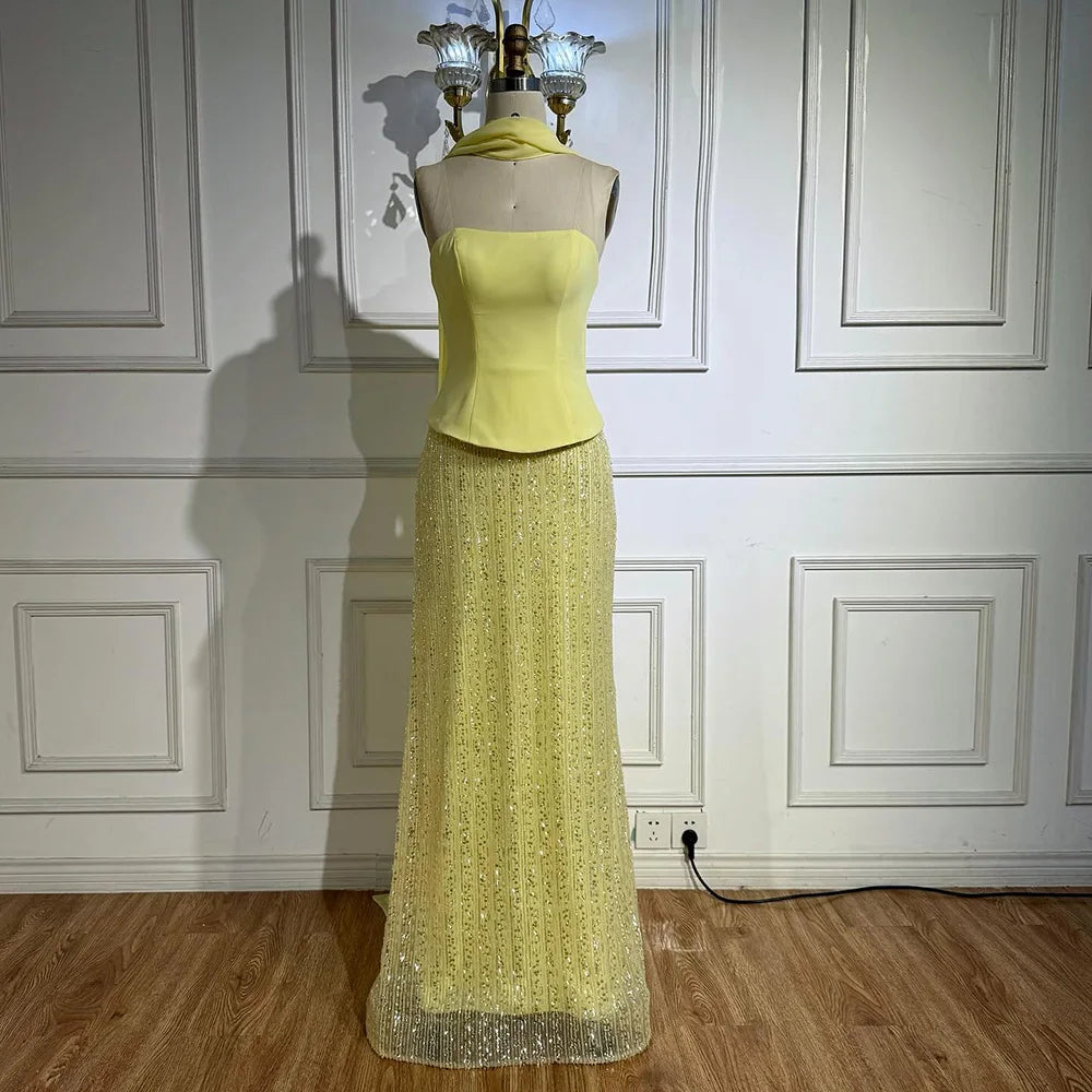 Vestido de Noite de Sereia em Chiffão Amarelo de Luxo com Capa LA73007
