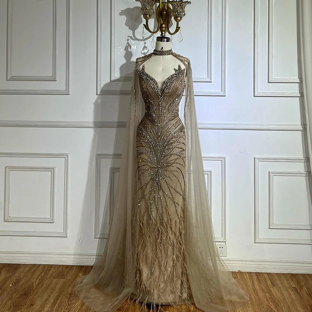 Serene Hill White Nude Mermaid Evening Dresses with Cape Beaded Feathers Party Gowns for Formal Occasion Customized DLA72882