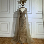 Serene Hill White Nude Mermaid Evening Dresses with Cape Beaded Feathers Party Gowns for Formal Occasion Customized DLA72882