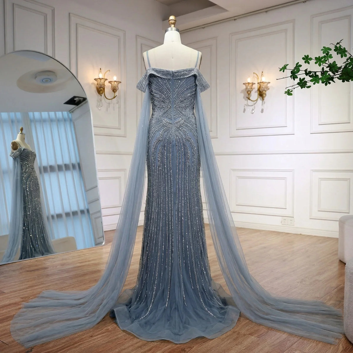 Serene Hill Dusty Blue Off-Shoulder Evening Dress Heavy Beaded Mermaid Party Gown with Elegant Cape Sleeves Customized DLA73151