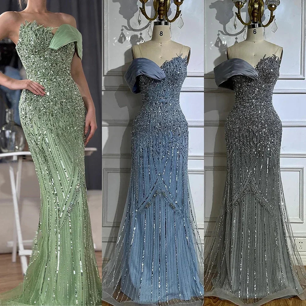 Serene Hill 2025 Dubai Grey Mermaid One Shoulder Beaded Long Evening Dresses Gowns For Formal Occasion DLA72650 Customized