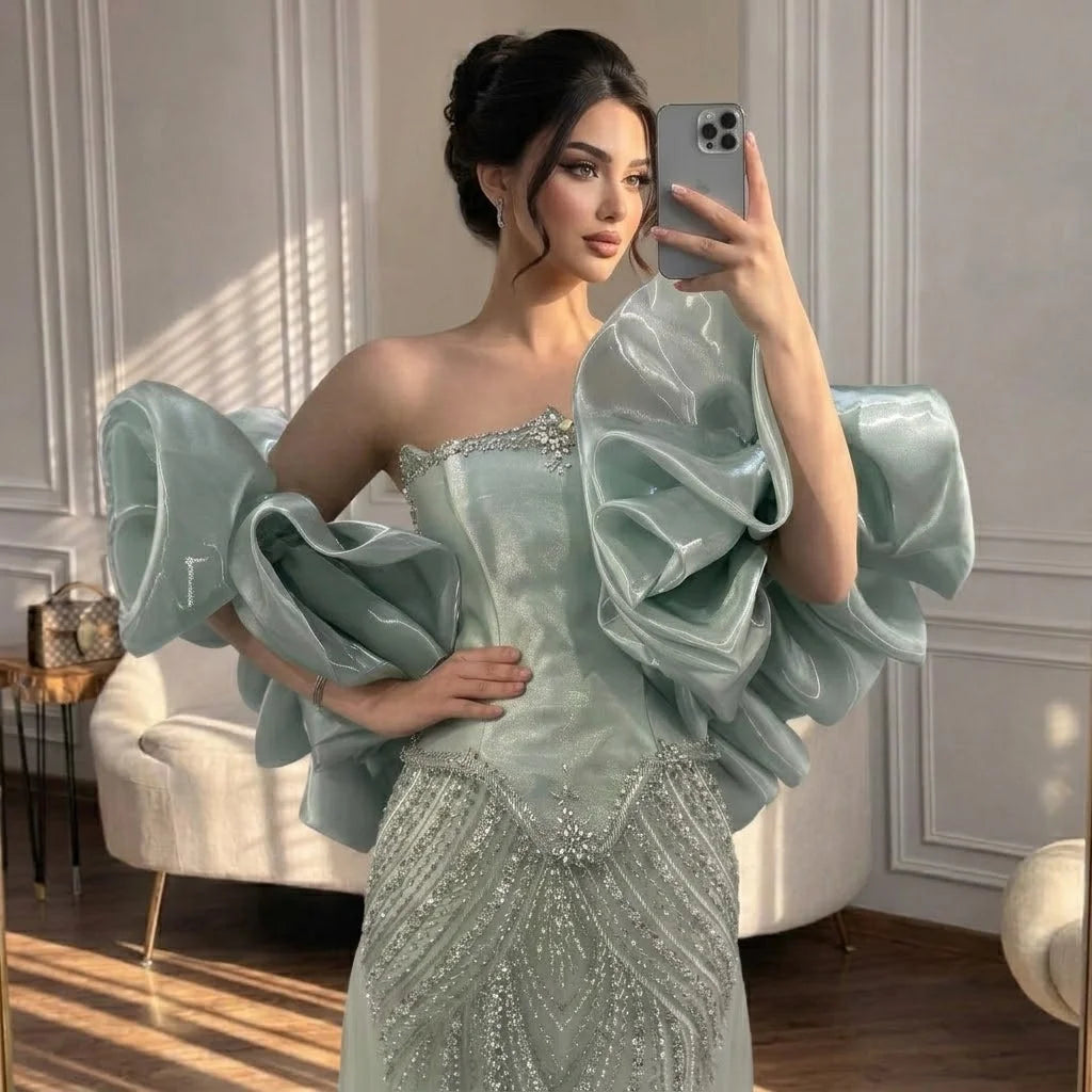 Serene Hill Luxury Sage Green Mermaid Evening Dress with Cape 2026 Elegant Beaded Party Gowns for Women DLA73201 Customized