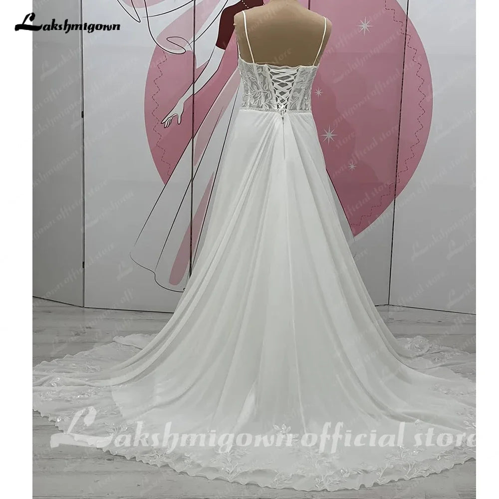 Lakshmigown Sweetheart A Line Wedding Dress Chiffon Spaghetti Straps Sweep Train Wedding Gown Customized Vestido De Noche