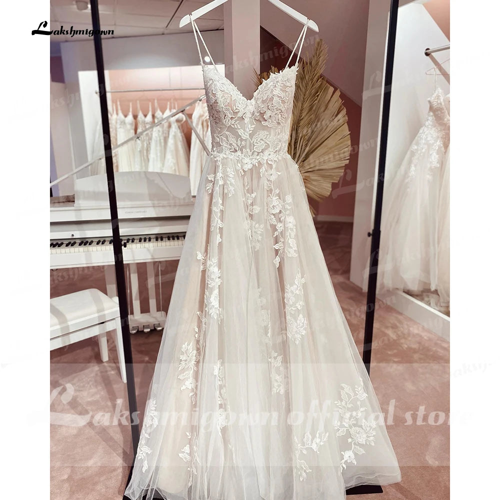 Lakshmigown Vintage Champagne Tulle Wedding Dress Customized A-Line Lace Appliques V Neck Backless Bridal Gown Abito Da Sposa