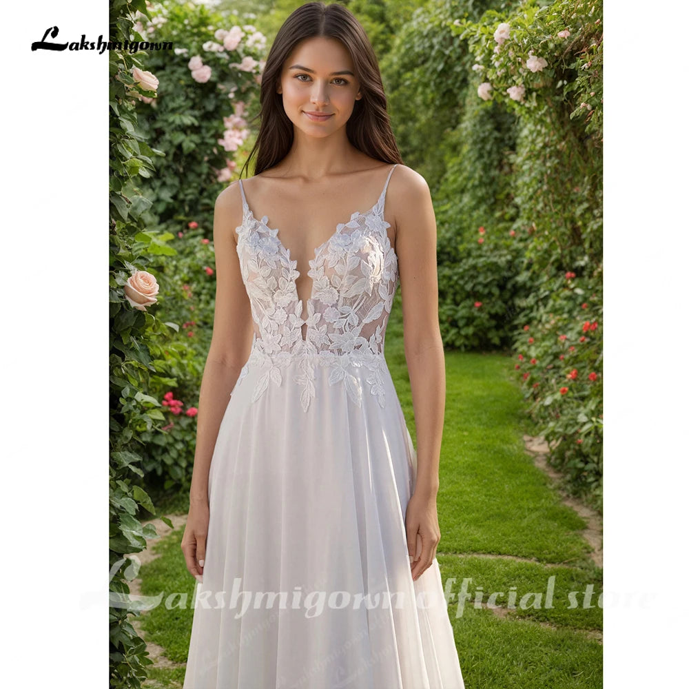 Lakshmigown Boho Beach Wedding Dress Customized Sexy Spaghetti Straps V Neck Lace Applique Boho Bridal Gown Vestido De Noiva