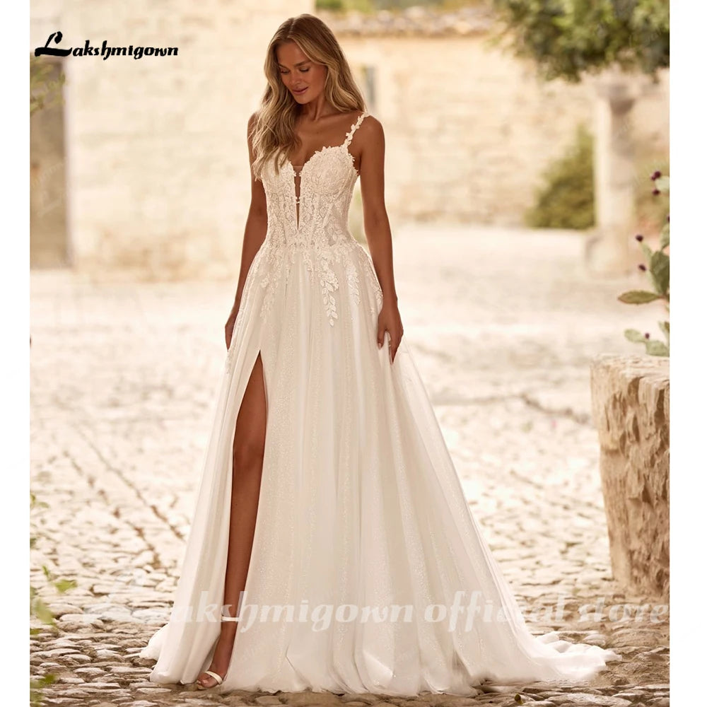 Lakshmigown Sexy Glitter Tulle Wedding Dress Spaghetti Straps V Neck Sequined Applique Split Bridal Dresses Customized