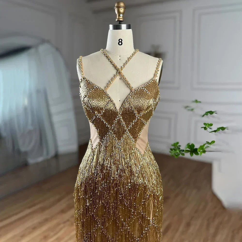 Serene Hill Silver Mermaid Gold Evening Gowns Luxury Beaded Tassel Spaghetti Strap Party Dresses For Women DLA72280 Customized