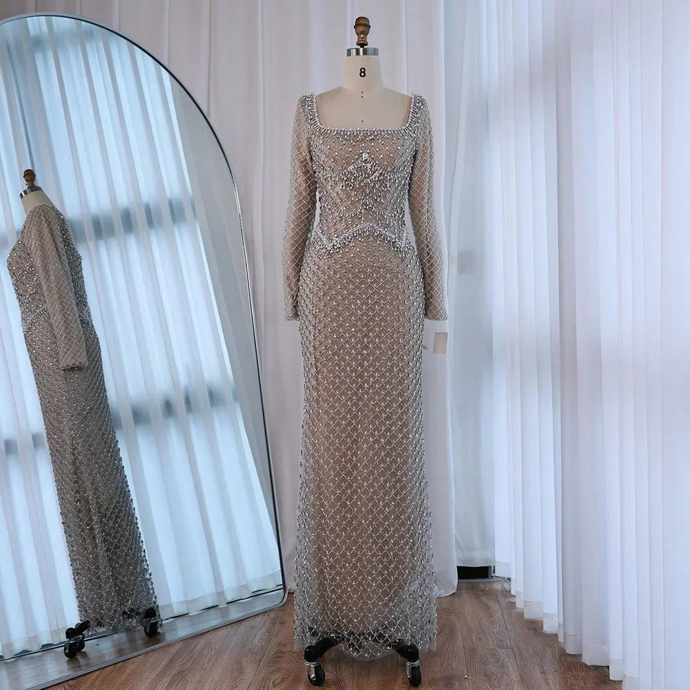Elegant Beaded Pearl Mermaid Evening Dress with Long Sleeves for Wedding Occasion Serene Hill 2025 Customized DLA72919A