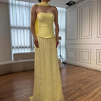 Vestido de Noite de Sereia em Chiffão Amarelo de Luxo com Capa LA73007