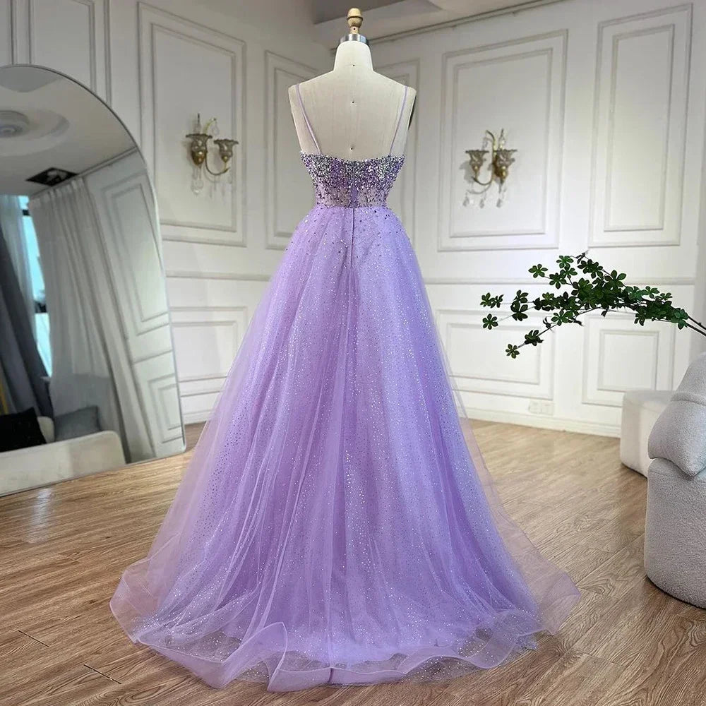 Serene Hill Customized Lilac Spaghetti Strap A Line Beaded Evening Prom Dresses Dubai Party Gowns for Women 2025 DLA72571