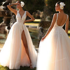 Romantic Deep V Neck Wedding Dress Backless High Slit Floral Lace Tulle Bridal Gown Sweep Train Wedding Gowns Customized