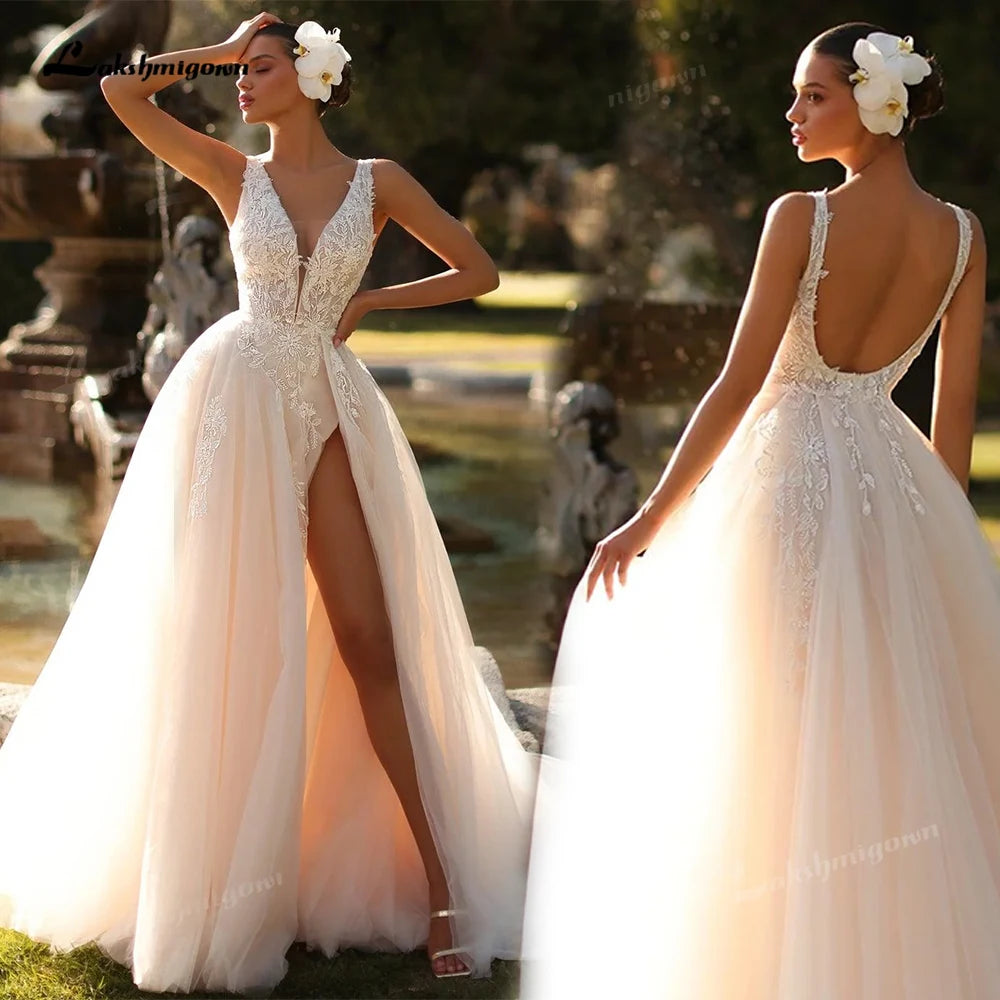 Romantic Deep V Neck Wedding Dress Backless High Slit Floral Lace Tulle Bridal Gown Sweep Train Wedding Gowns Customized