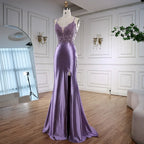 Vestido de Gala de Cetim Roxo de Luxo com Fenda e Aplicações de Renda LA73040