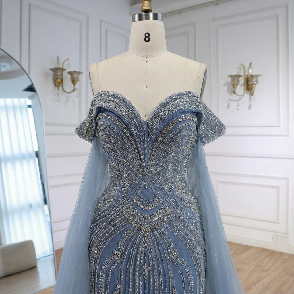 Serene Hill Dusty Blue Off-Shoulder Evening Dress Heavy Beaded Mermaid Party Gown with Elegant Cape Sleeves Customized DLA73151