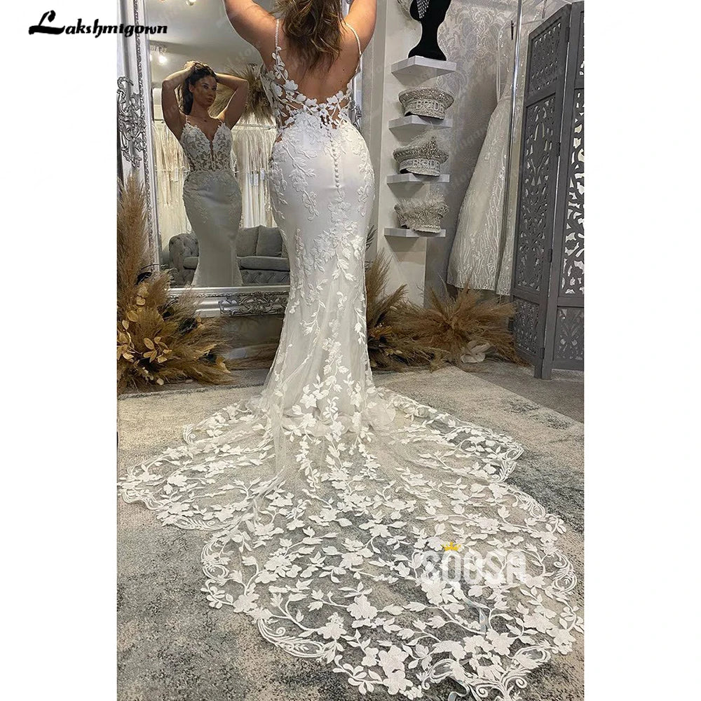 Lakshmigown Lace Mermaid Wedding Dress Spaghetti Straps Cut Out Long Train Bridal Gowns Vestidos de Nova