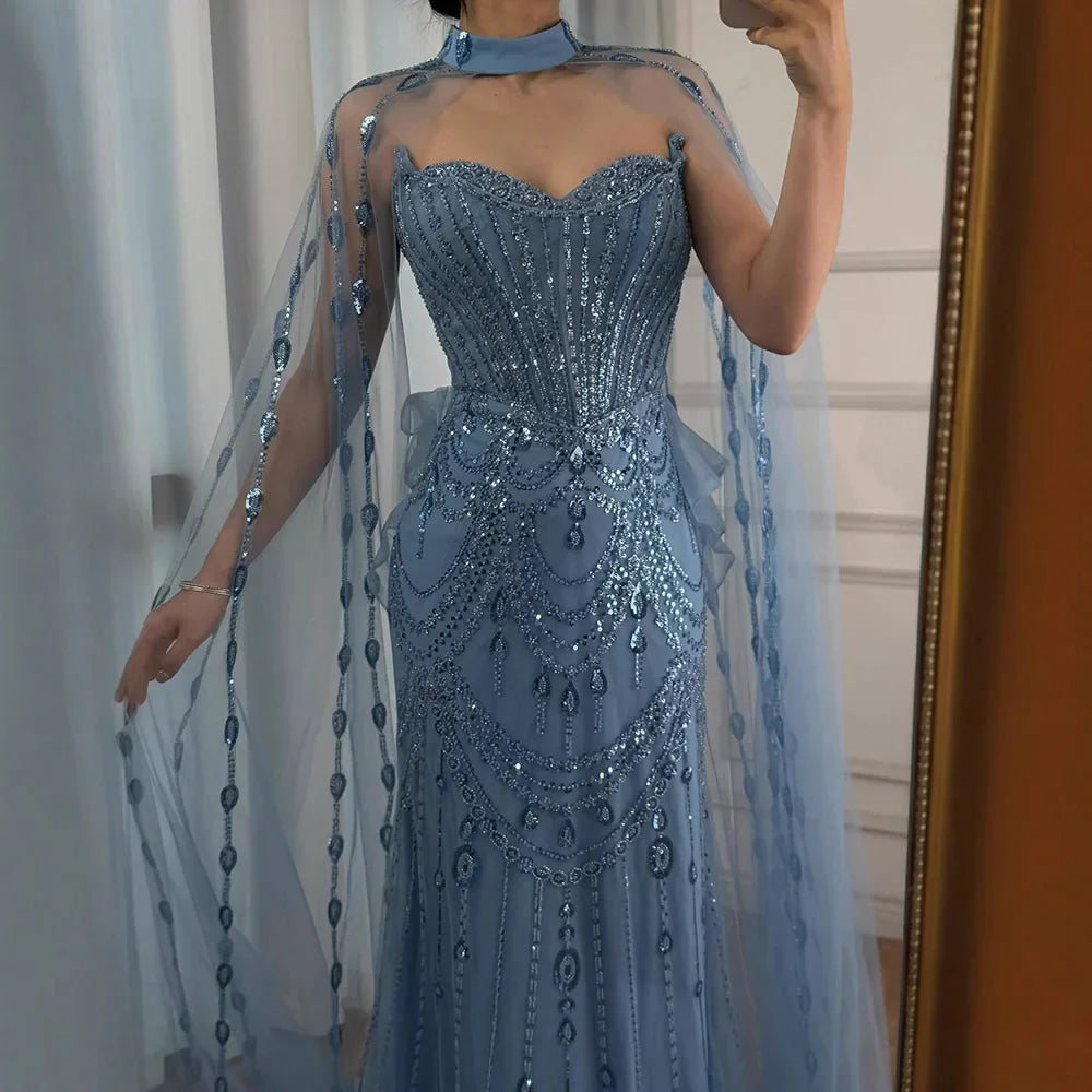 Abito da sera di lusso con paillettes blu, perline e maniche a mantello LA73108