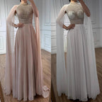 Serene Hill White Chiffon A-line Evening Dress with Cape Sleeves Simple Wedding Party Gowns for Bridesmaid Customized DLA73144