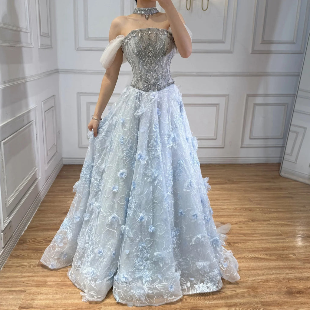 Serene Hill Blue A-Line Evening Dress Beaded 3D Floral Appliques Off Shoulder for Women Wedding Party 2026 Customized DLA73580
