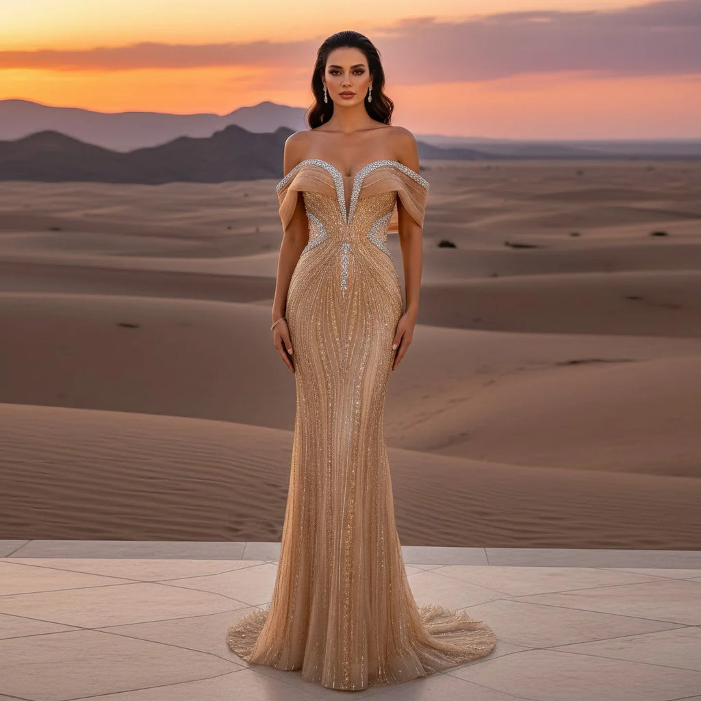 Serene Hill Customized Gold Mermaid Evening Dress 2026 Luxury Beaded Party Gowns for Women DLA73142A