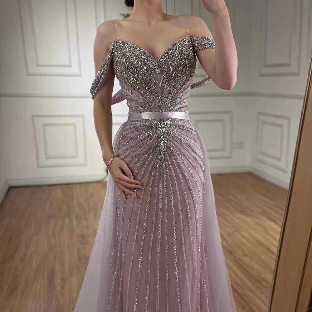 Serene Hill 2026 Nude Luxury Beaded Mermaid Off Shoulder Evening Dress Formal Party Gowns for Women Customized DLA73128