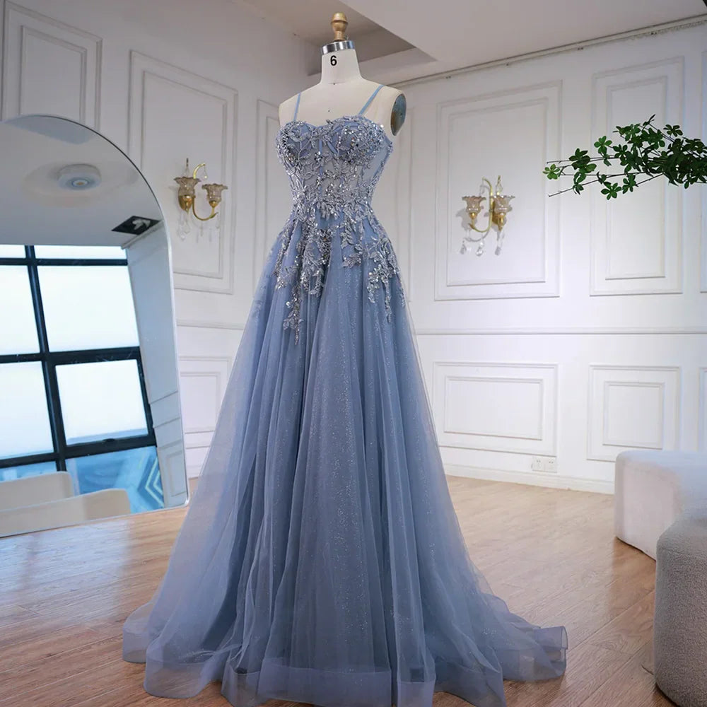 Abito da Ballo Sfarzoso in Tulle Grigio a Linea A con Applicazioni Floreali LA73015