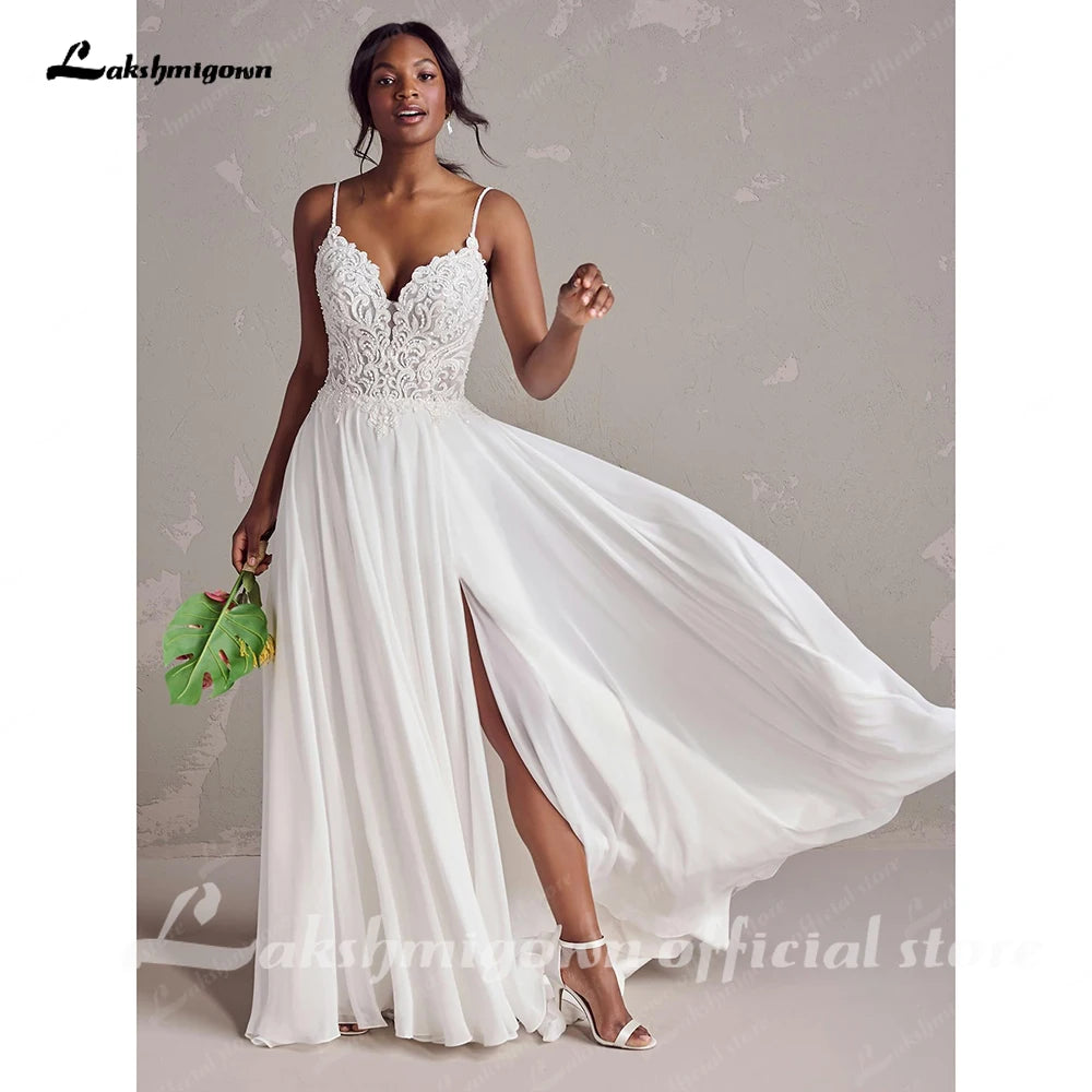 Lakshmigown Spaghetti Strap Beads Lace Wedding Gown Plus Size Chiffon Boho Wedding Dresses with Detachable Sleeve Customized