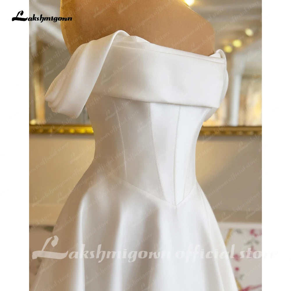 Lakshmigown A Line Women's Wedding Dresses Charming Off Shoulder Bride Gowns Boat Neck Ruched Satin Vestidos Novias Customized