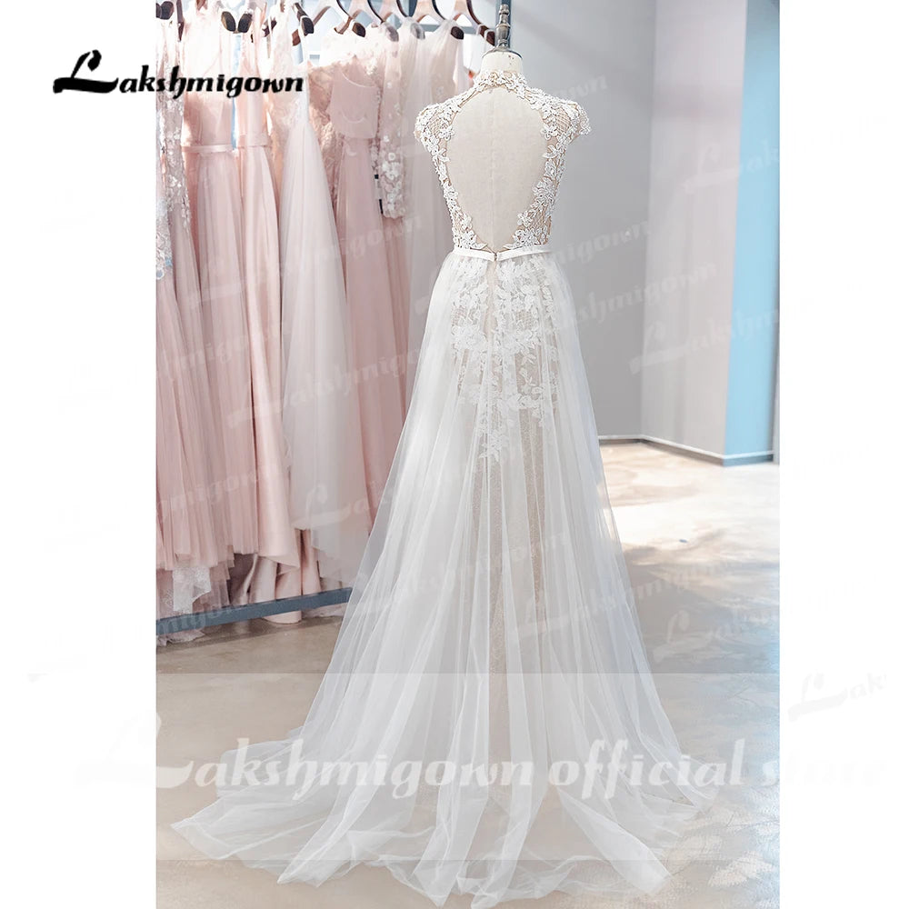 Lakshmigown Bohemian Wedding Dress Vintage Lace Beaded High Neck Tulle Bridal Sexy Wedding Gowns Vestidos Noivas
