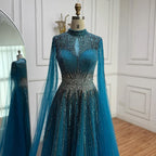 Elegant Modest Blue Beaded Evening Dress with Cape Sleeves Dubai Gown Serene Hill 2025 Customized DLA73059