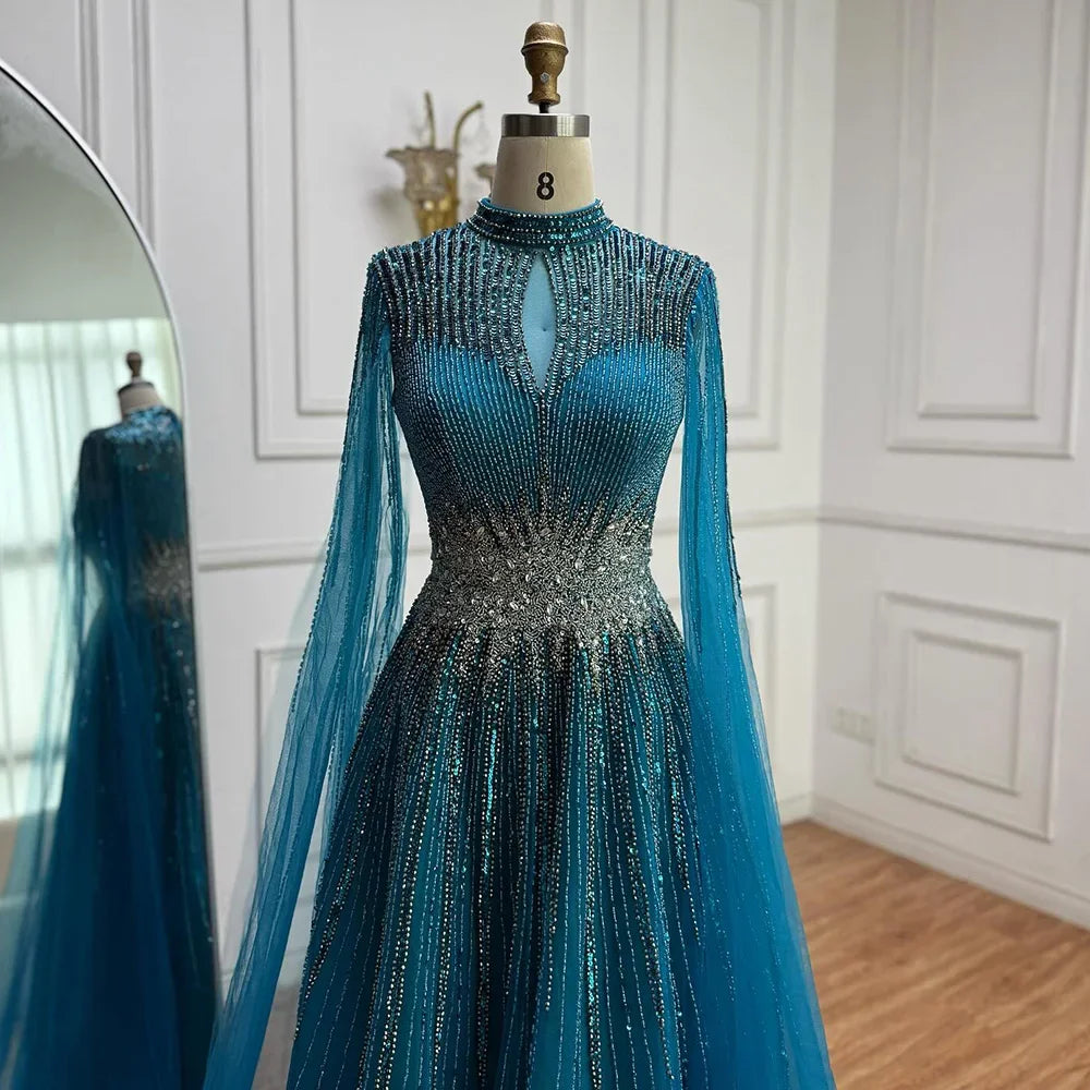 Elegant Modest Blue Beaded Evening Dress with Cape Sleeves Dubai Gown Serene Hill 2025 Customized DLA73059