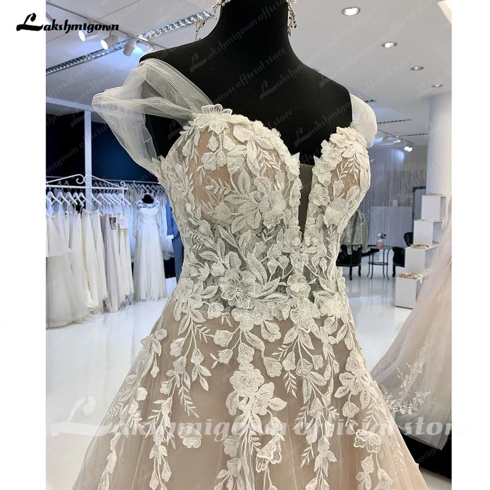 Lakshmigown Sexy Ladies Off Shoulder Lace Appliqués Beach Wedding Dresses Boho Bridal Gowns Sleeveless Robe Customized