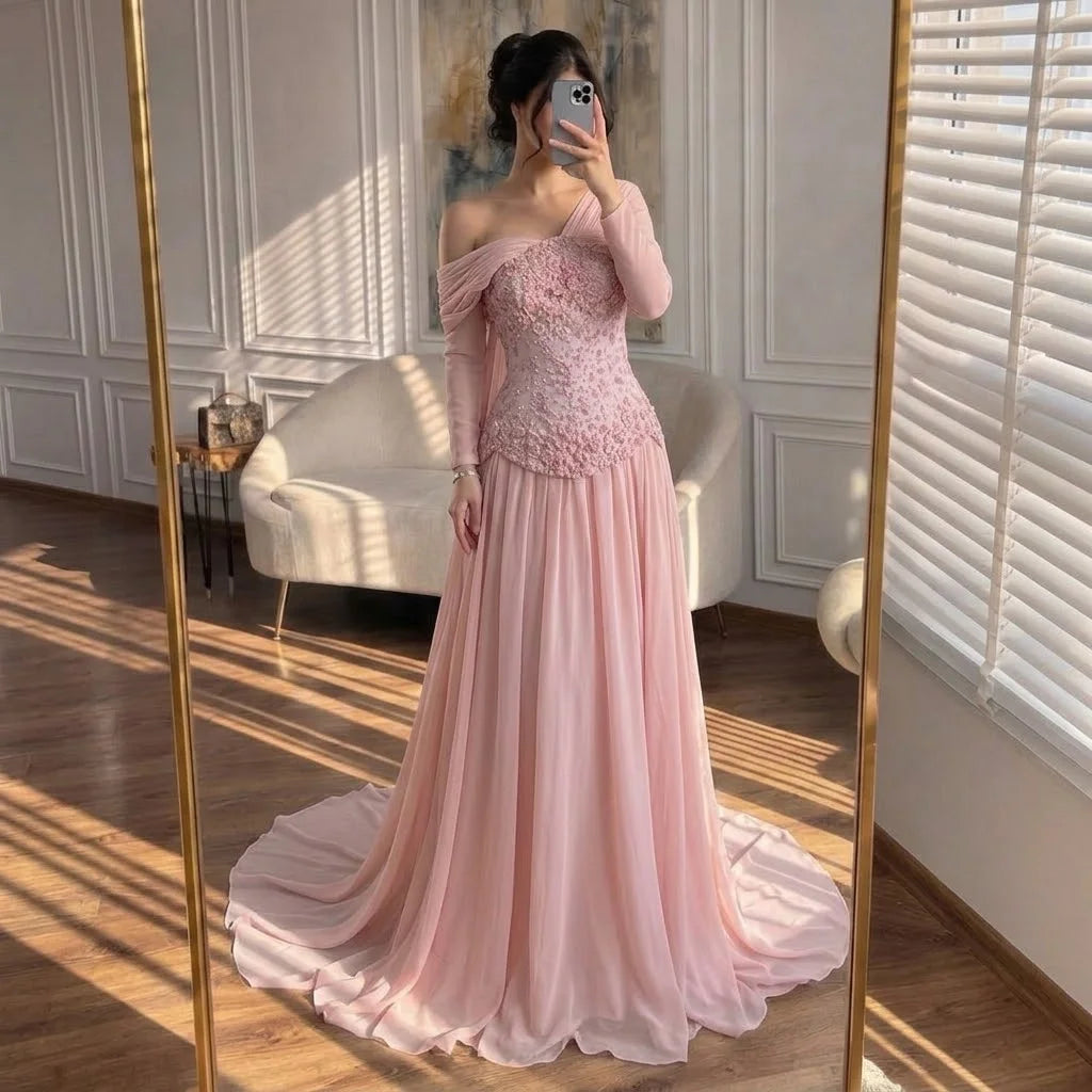 Serene Hill Pink Chiffon Evening Dress 2026 Elegant Off-Shoulder Formal Party Gowns with Cape at the Back Customized DLA73438