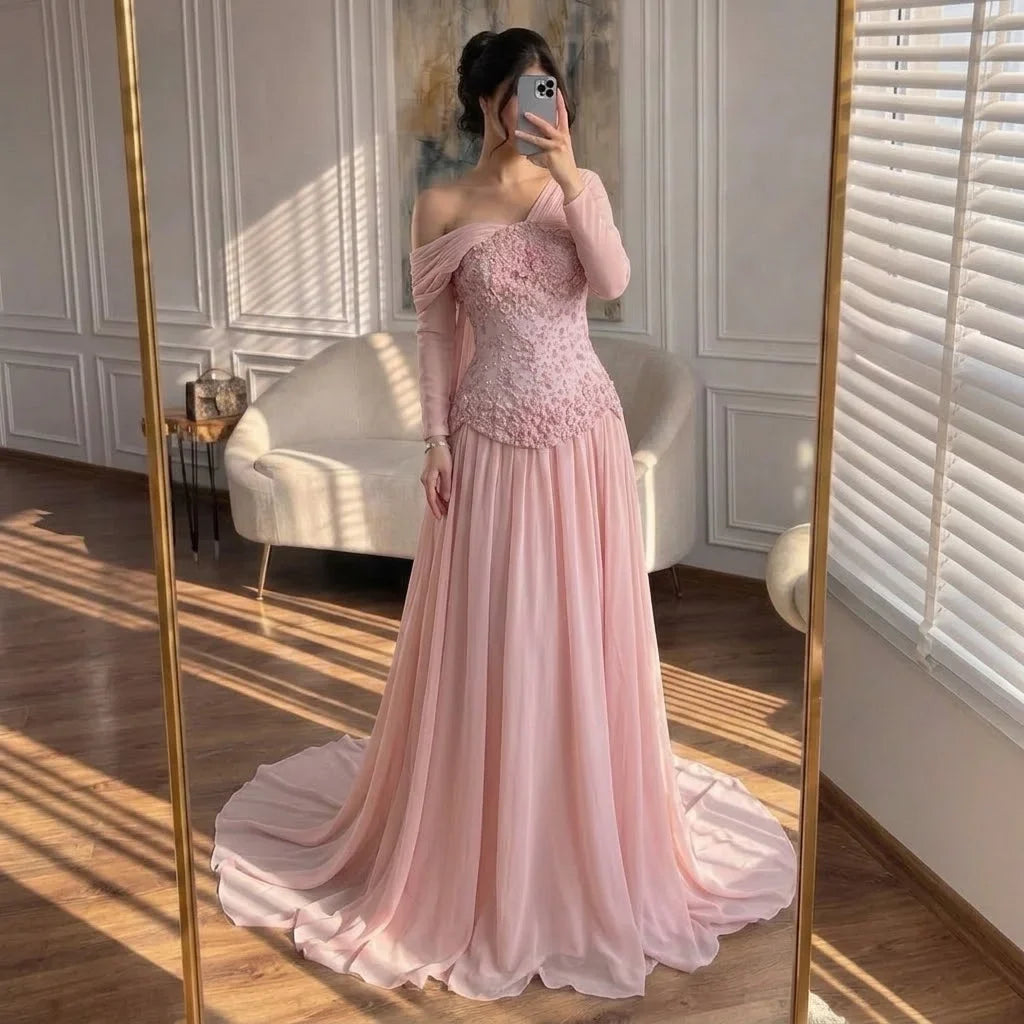 Pink Chiffon Evening Dress 2026 Elegant Off-Shoulder Formal Party Gowns with Cape at the Back Customized | Nightbubo