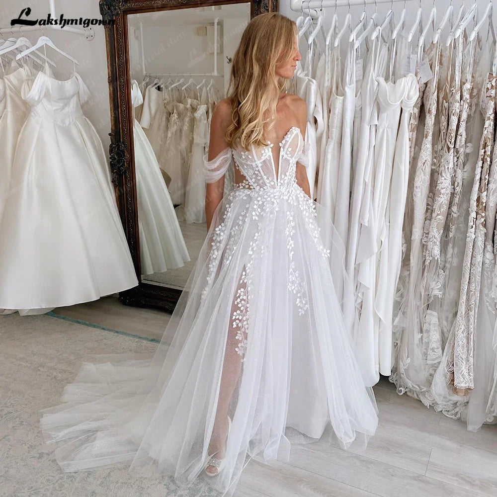 Lakshmigown Lace Boho Wedding Dress Off the Shoulder Customized Civil Bridal Beach Wedding Gowns Detachable Sleeves