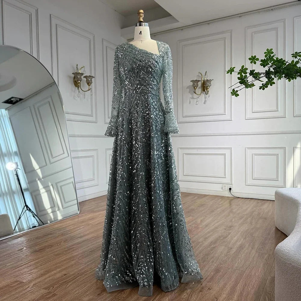 Serene Hill Turquoise Long Sleeves A Line Pearls Beaded Evening Dresses Elegant Party Gowns for Women DLA73177 Customized