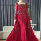 Serene Hill Customized Wine red Long Sleeves Mermaid Beaded Evening Dresses with Overskirt Party Gowns for Women DLA72710