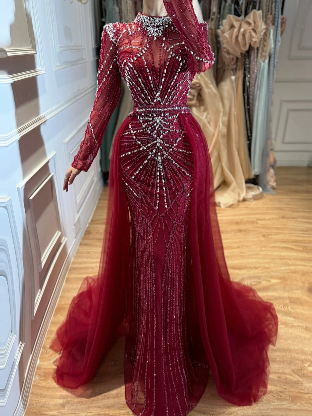 Serene Hill Nude Muslim High Neck Mermaid Evening Gowns 2026 Long Sleeves Overskirt Party Dress for Women DLA73203A Customized