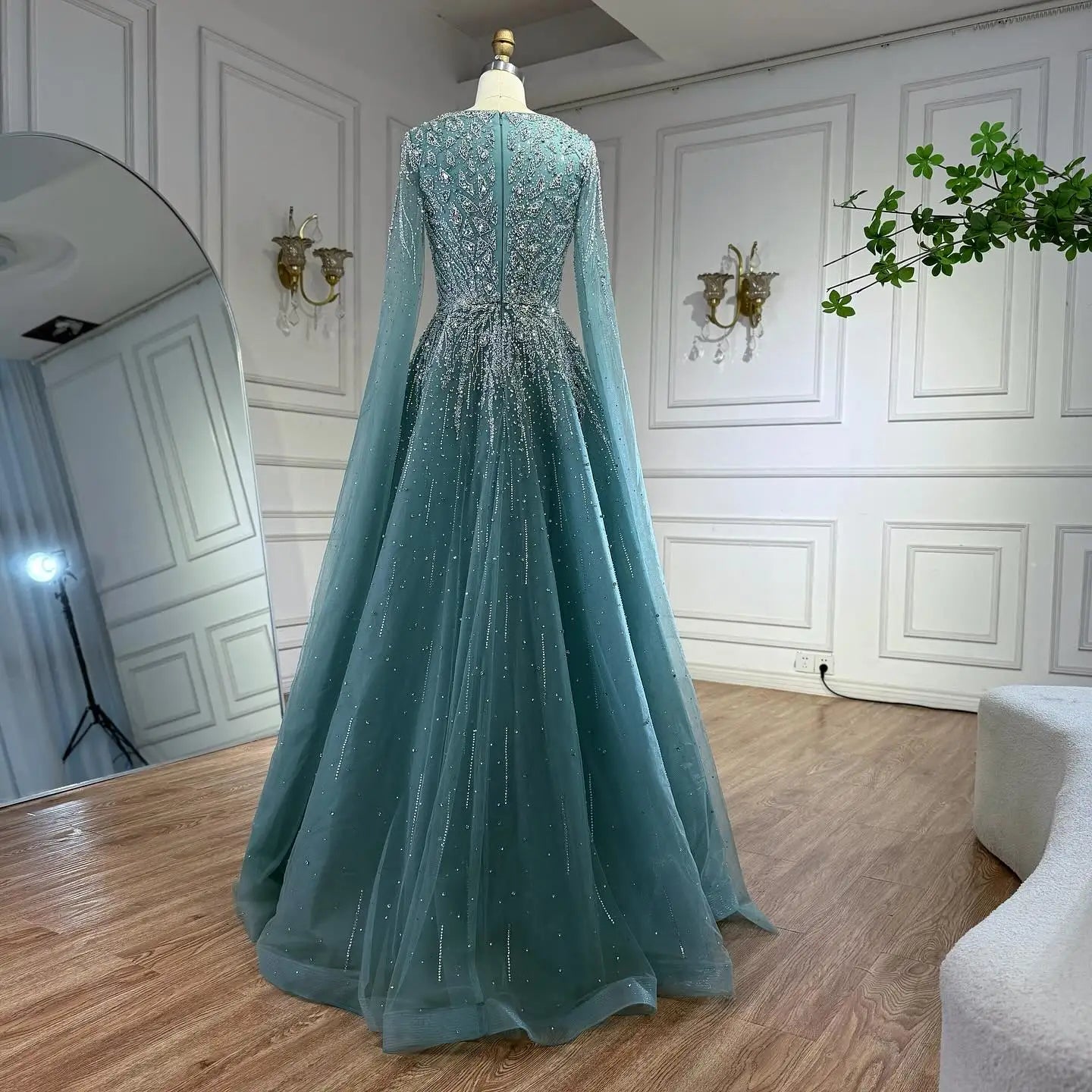 Serene Hill 2026 Customized Pink Luxury Beaded A Line Evening Dress with Cape Sleeves Party Gowwns for Wedding Guest DLA73269