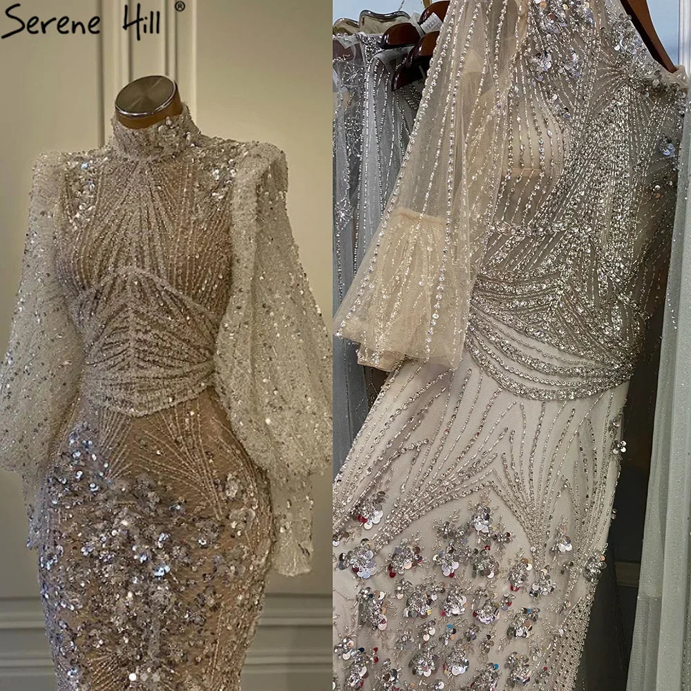 Serene Hill Customized Silver Beaded Mermaid Evening Dresses 2025 Full Sleeves Elegant Party Gowns For Women DLA71036