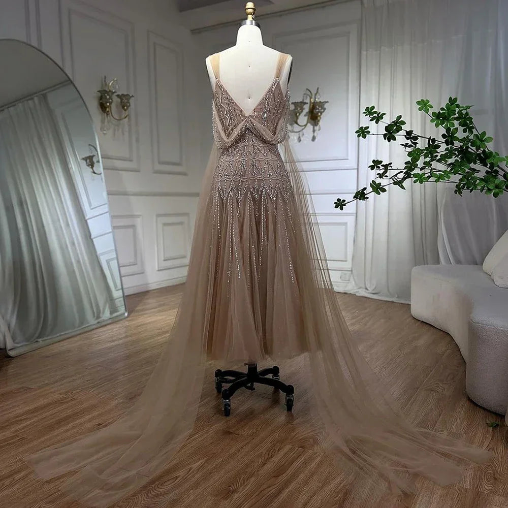 Serene Hill Customized 2025 Nude A-Line Midi Ankle Lengt Prom Dresses Glitter Beaded Evening Party Gowns for Women DLA71911