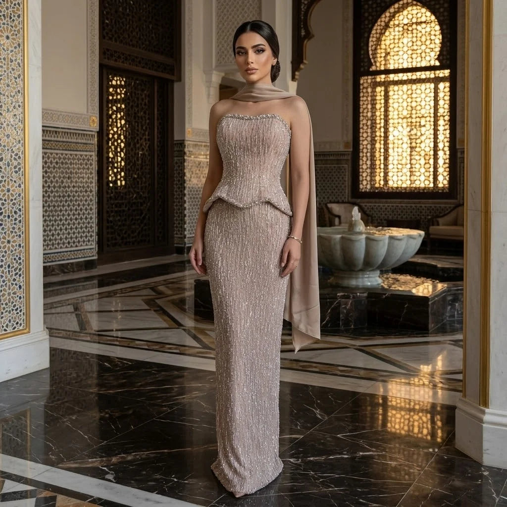 Serene Hill Luxury Beaded Evening Dresses Strapless Peplum Vestidos De Fiesta Wedding Party Formal Wear Gown for Women DLA73076A