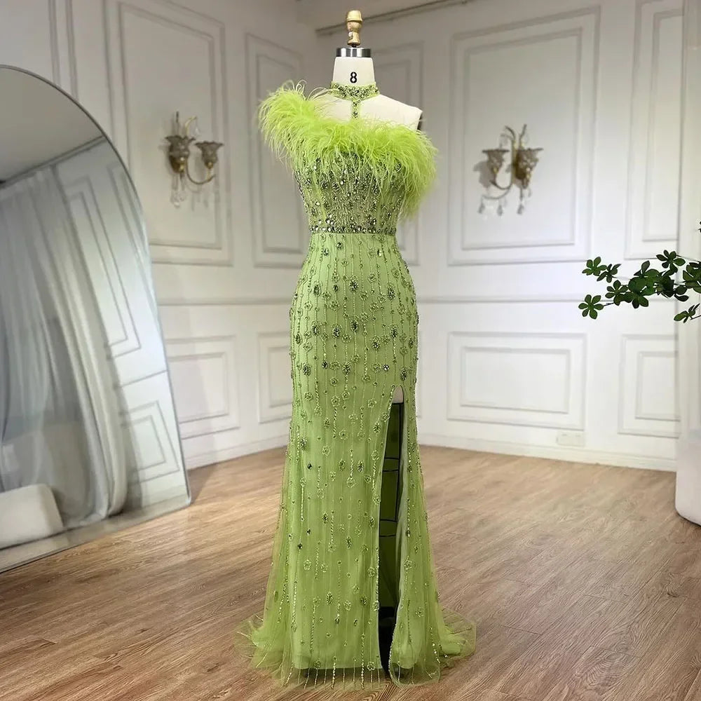 Serene Hill Customized 2025 Gray Halter Feathers Beaded Mermaid High Split Evening Dresses Formal Party Gowns for Women DLA72452