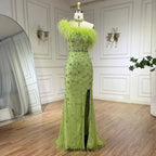 Serene Hill Customized 2025 Gray Halter Feathers Beaded Mermaid High Split Evening Dresses Formal Party Gowns for Women DLA72452