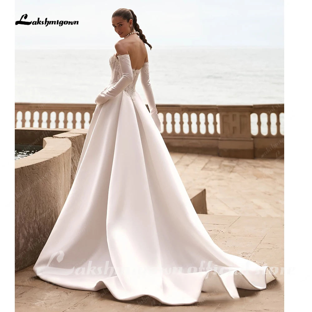 Lakshmigown Strapless Lace Wedding Dresses A Line Satin Court Train Off The Shoulder Brida Vestido De Novia Boda Customized