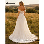 Lakshmigown Bohemian Off Shoulder Wedding Gowns Sweetheart Lace Applique Chiffon A‑Line Bridal Dress Backless  Customized
