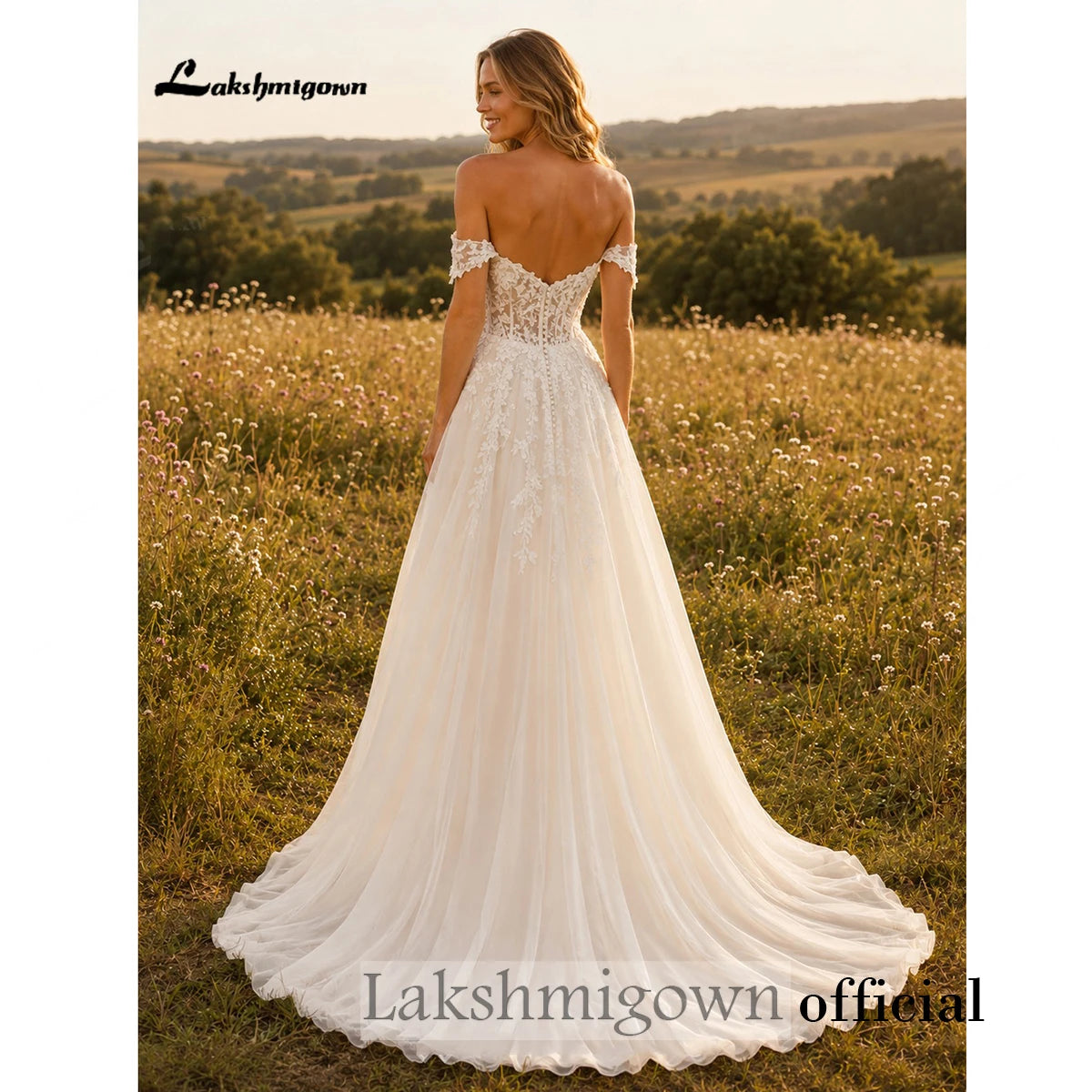 Lakshmigown Bohemian Off Shoulder Wedding Gowns Sweetheart Lace Applique Chiffon A‑Line Bridal Dress Backless  Customized