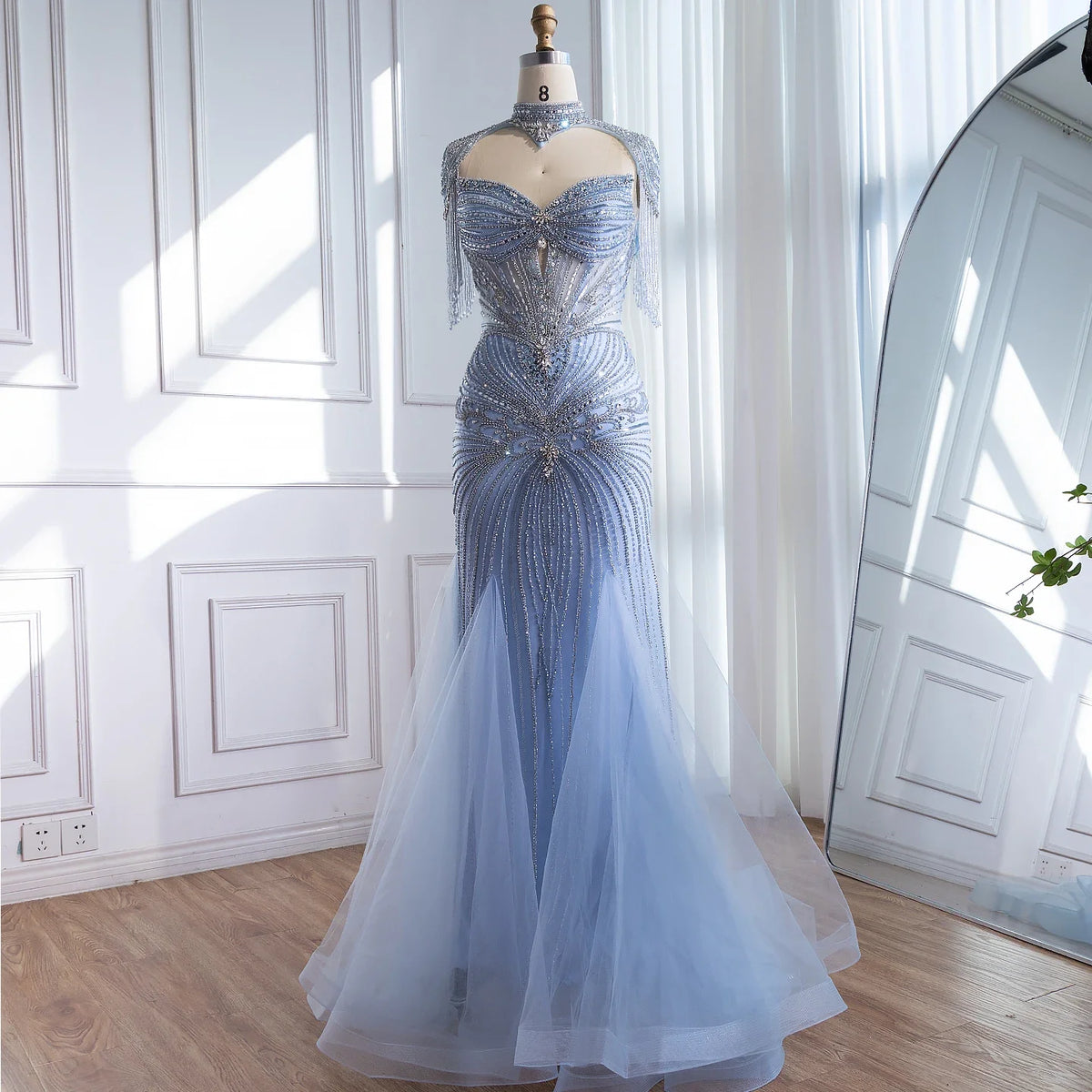 Serene Hill Nude Luxury Beaded Evening Dress with Tassel Wedding Party Gowns for Women DLA72897B Customized