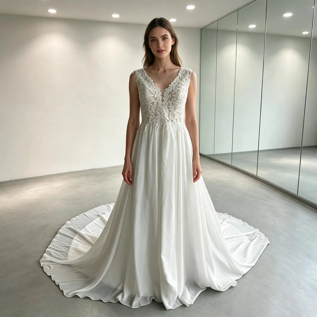 Lakshmigown Plus Size Wedding Dress A Line V Neck Tank Lace Appliques Chiffon Wedding Party Gowns Bride Gown Customized