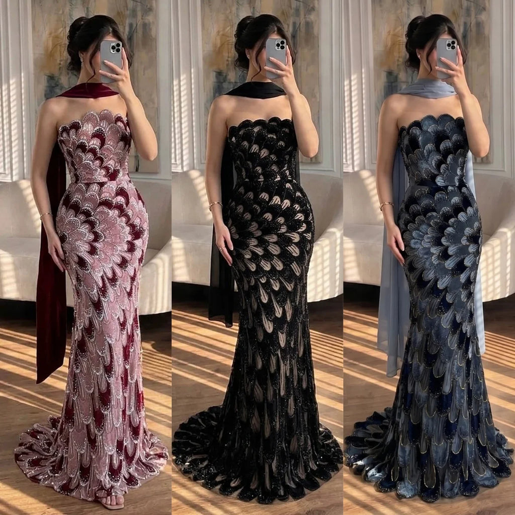 Serene Hill 2026 Black Strapless Mermaid Evening Dress with Scarf Elegant Formal Party Gowns for Women DLA73607 Customizedf